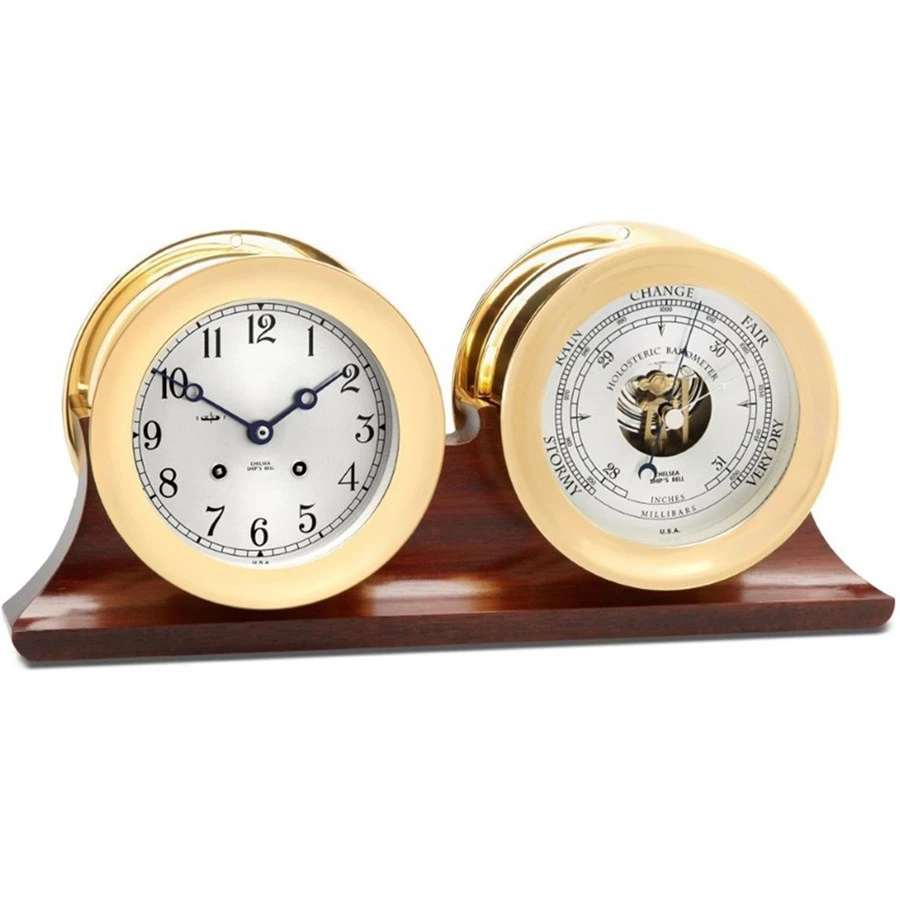 Scully & Scully Ship's Bell Clock & Barometer On Mahogany Base 1 Scully & Scully Ship's Bell Clock & Barometer On Mahogany Base