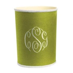 Scully & Scully White Monogram On Grass Green Linen Wastebasket