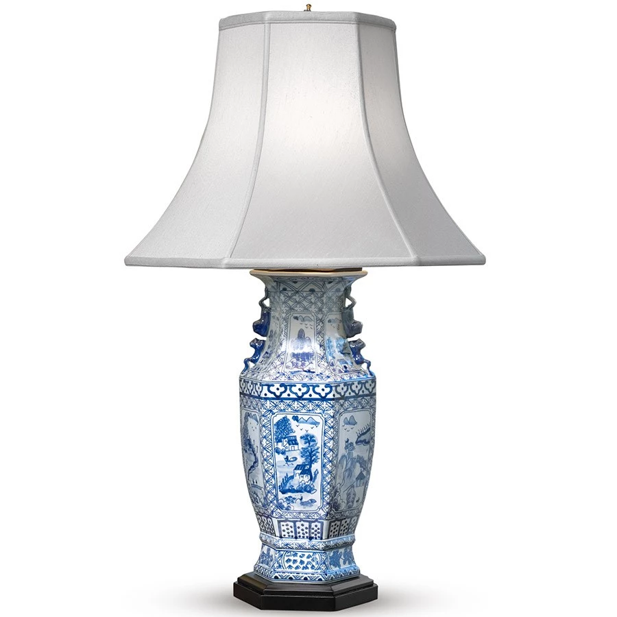 Scully & Scully Blue & White Canton Foo Dog Hexagonal Jar Lamp 1 Scully & Scully Blue & White Canton Foo Dog Hexagonal Jar Lamp