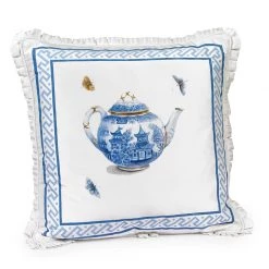 Scully & Scully Handpainted Tea Kettle On Cream Silk Pillows