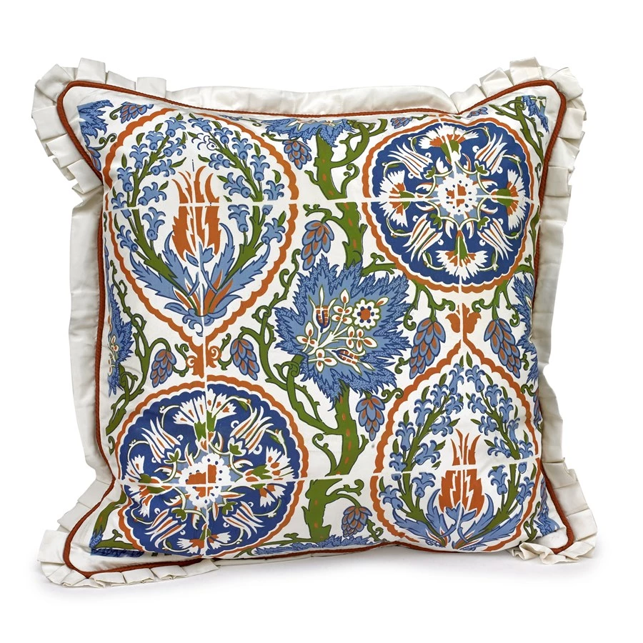 Scully & Scully Handpainted Majolica Tile Silk Pillows, White Trim 1 Scully & Scully Handpainted Majolica Tile Silk Pillows, White Trim